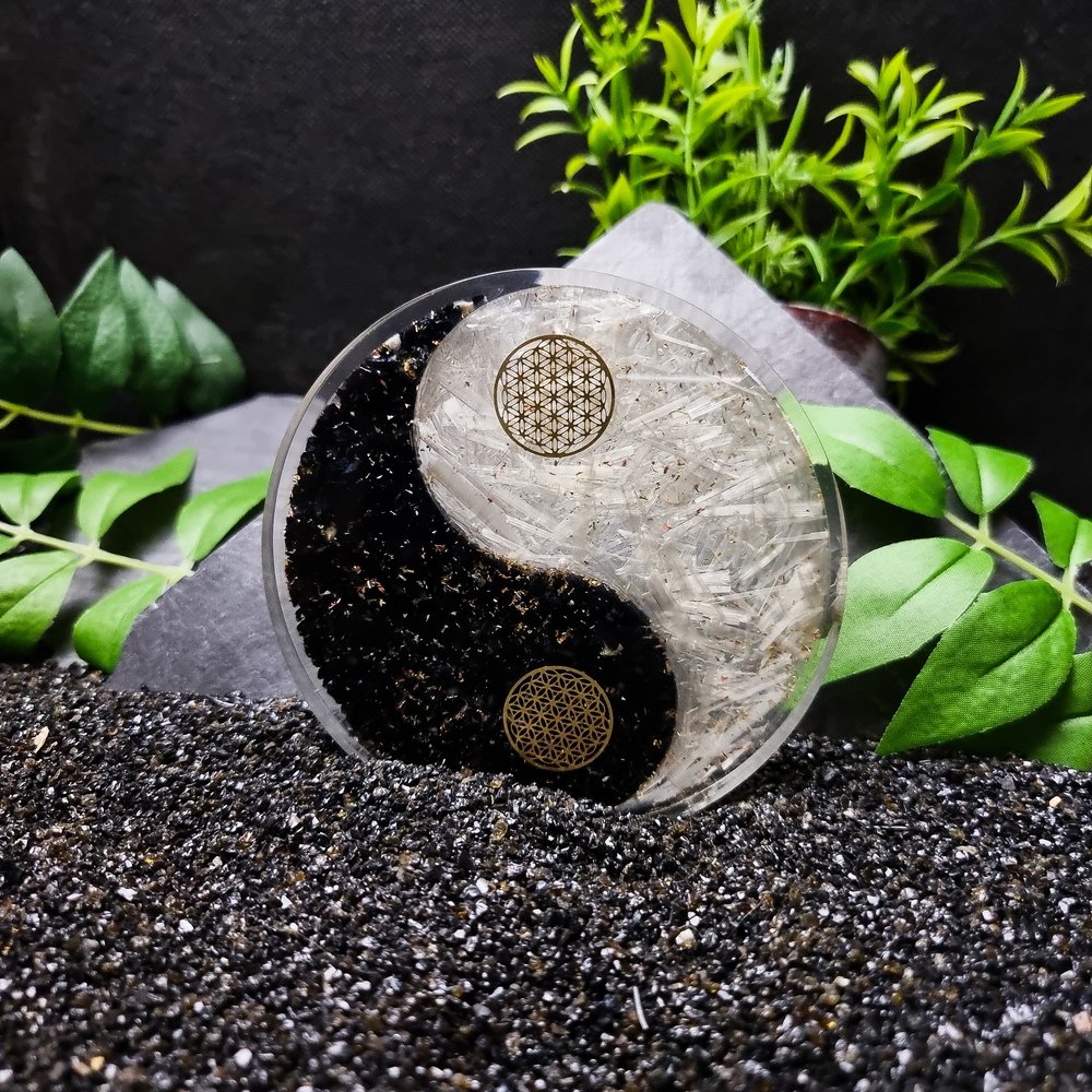 Selenite and Tourmaline Yin Yang Resin Coaster