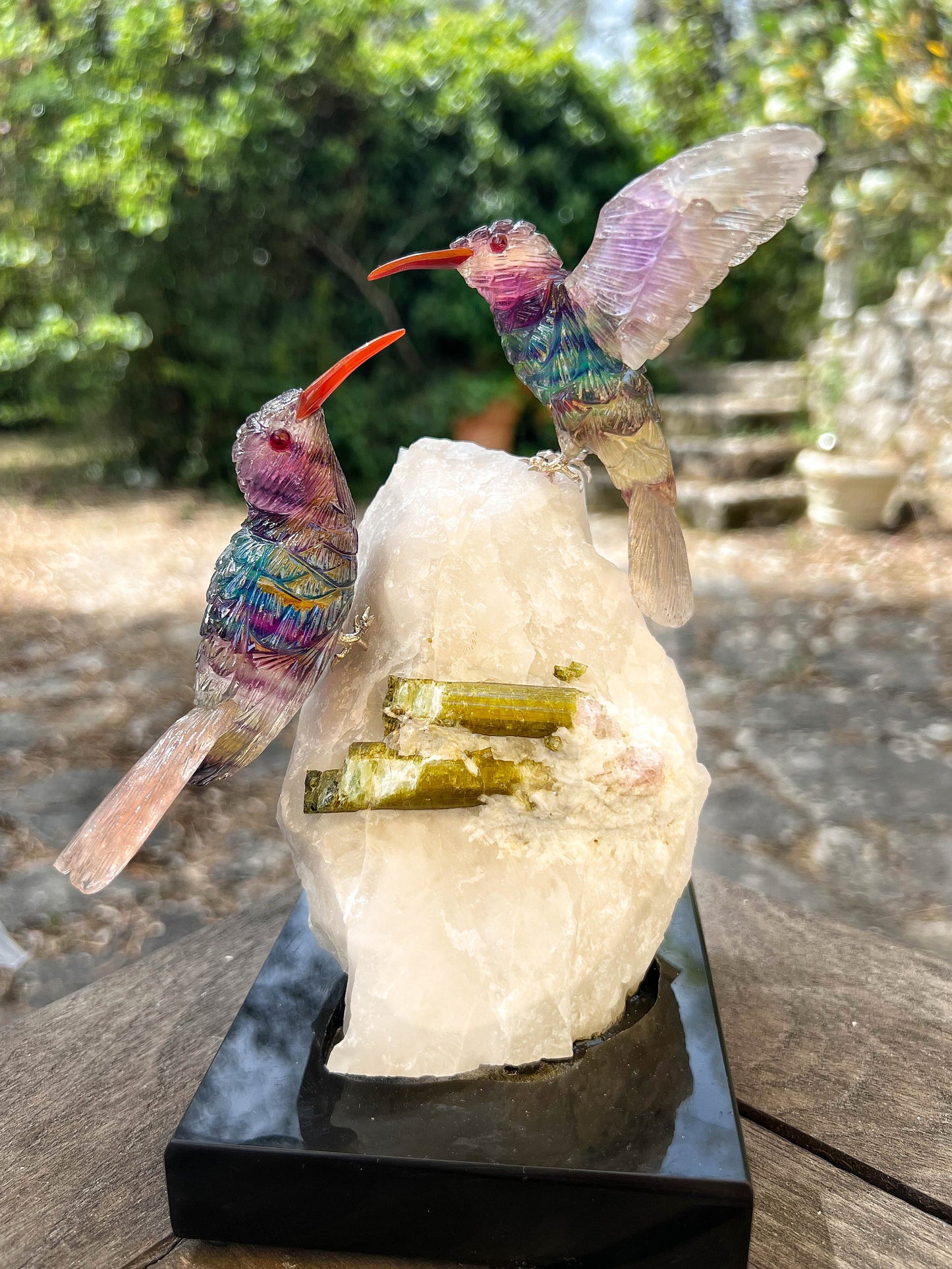 Fluorite Humming Birds on Watermelon Tourmaline in Quartz