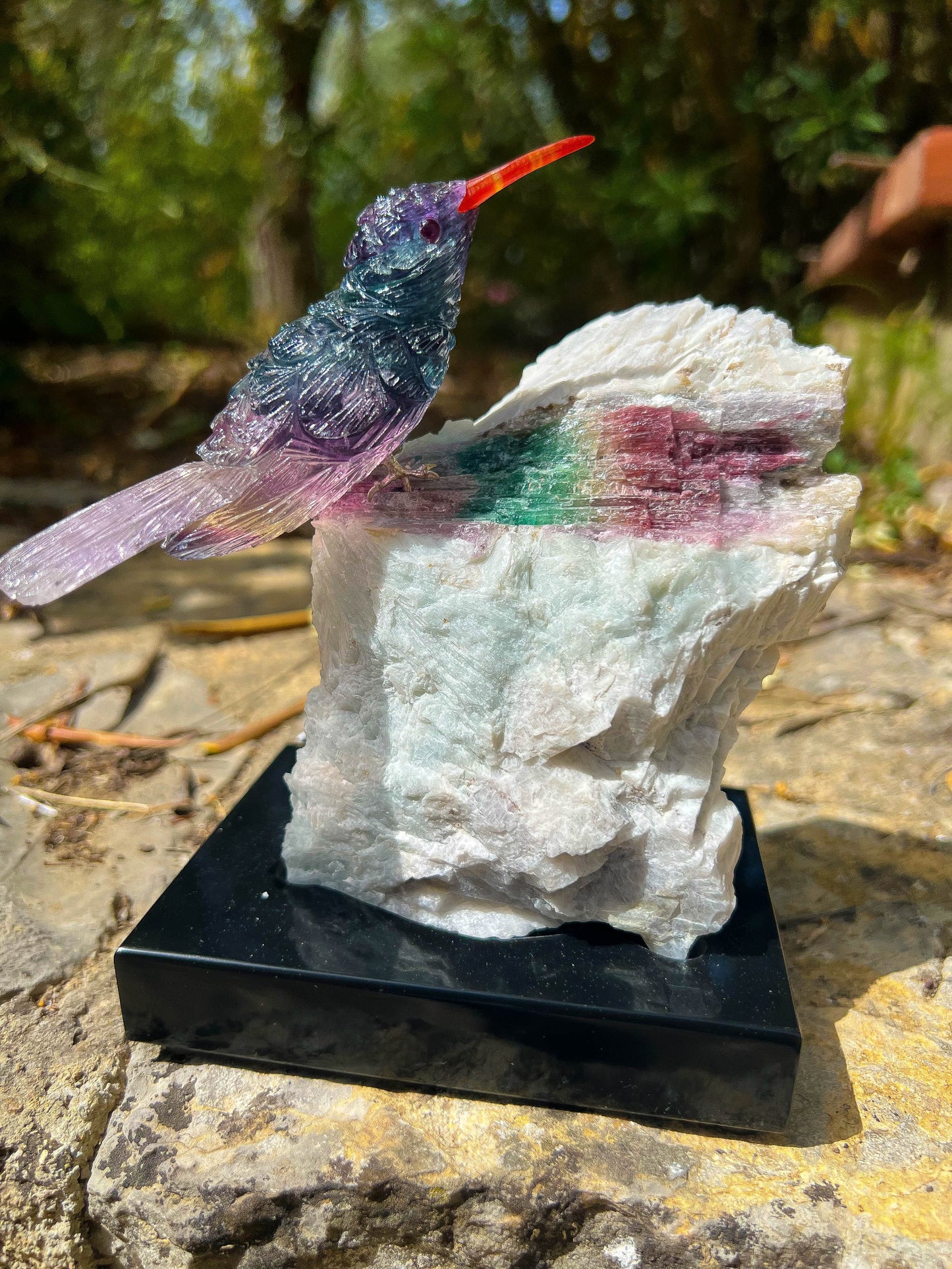 Fluorite Humming Bird on Watermelon Tourmaline in Quartz