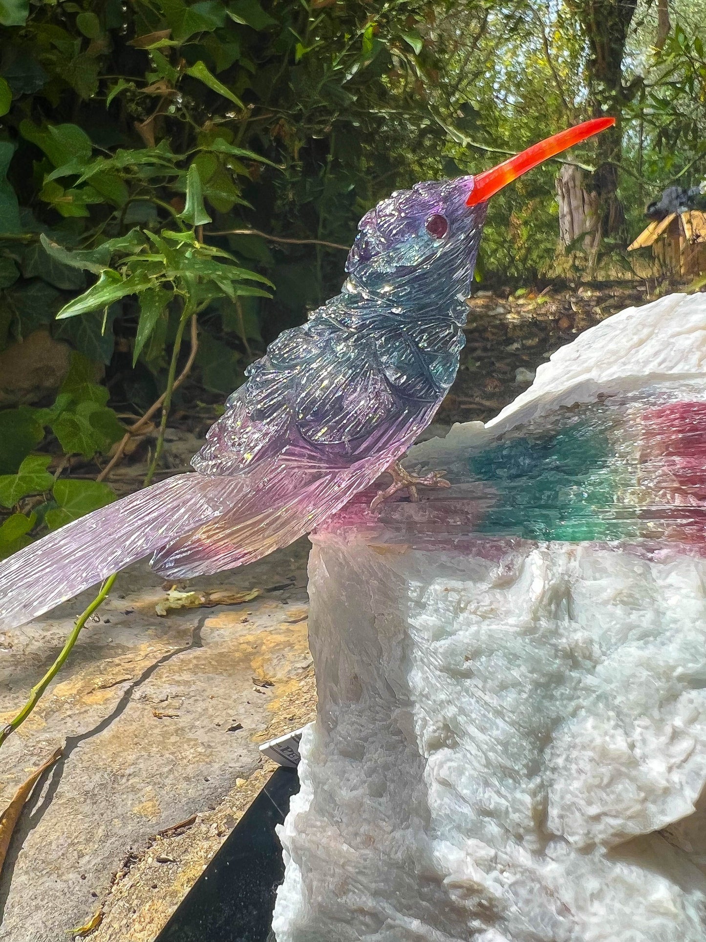 Fluorite Humming Bird on Watermelon Tourmaline in Quartz