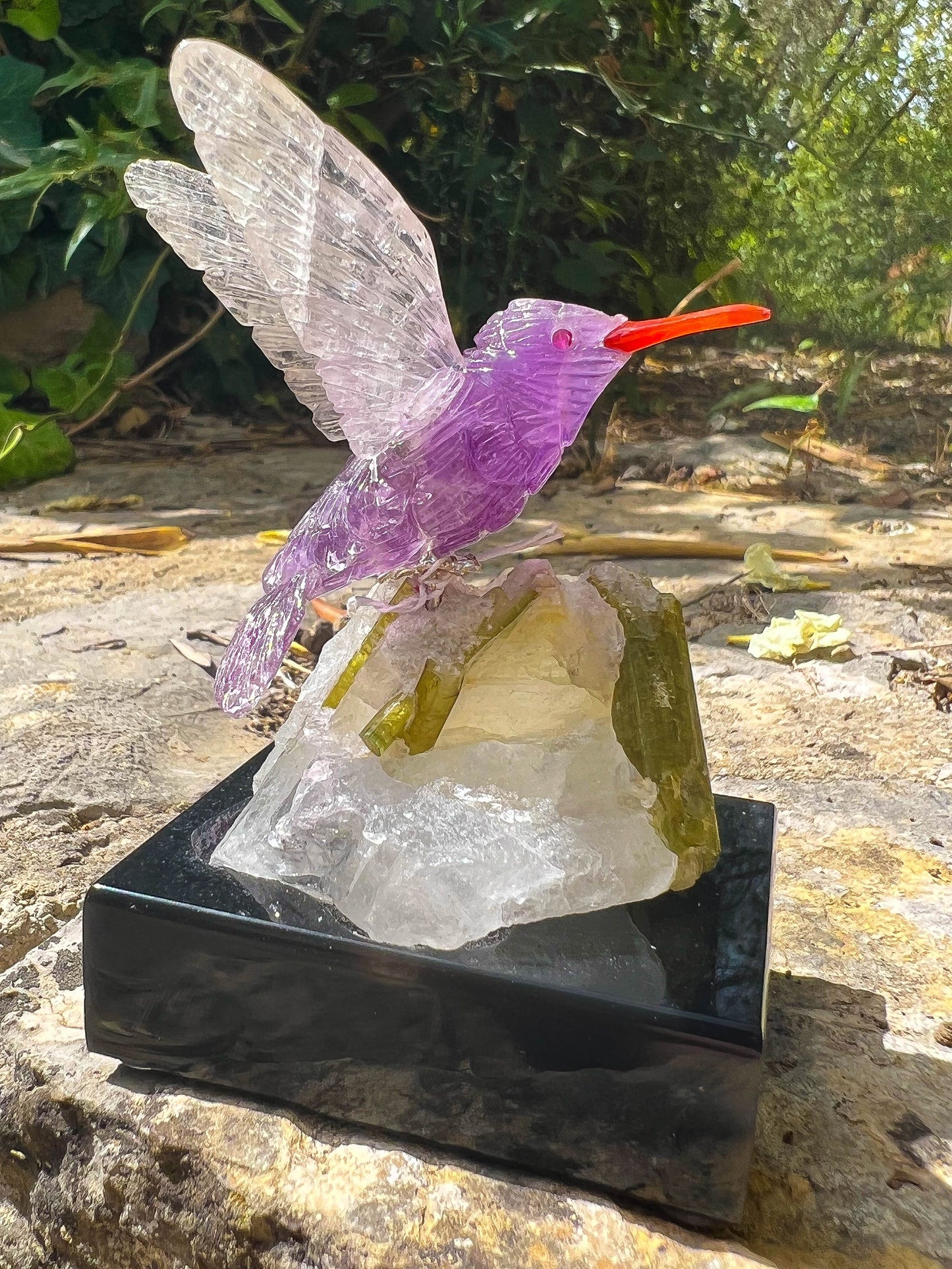 Amethyst and Rose Quartz Humming Bird on Watermelon Tourmaline in Quartz