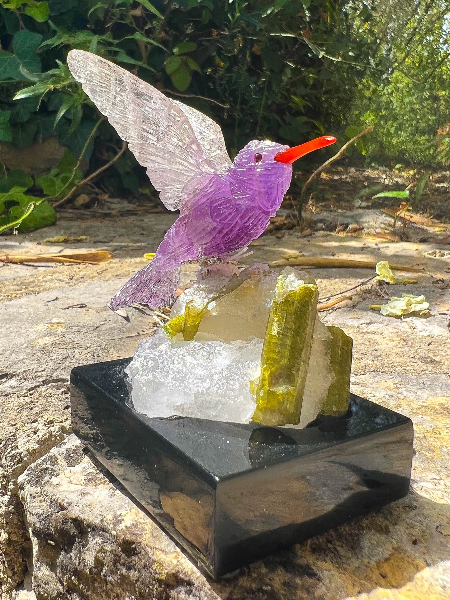 Amethyst and Rose Quartz Humming Bird on Watermelon Tourmaline in Quartz