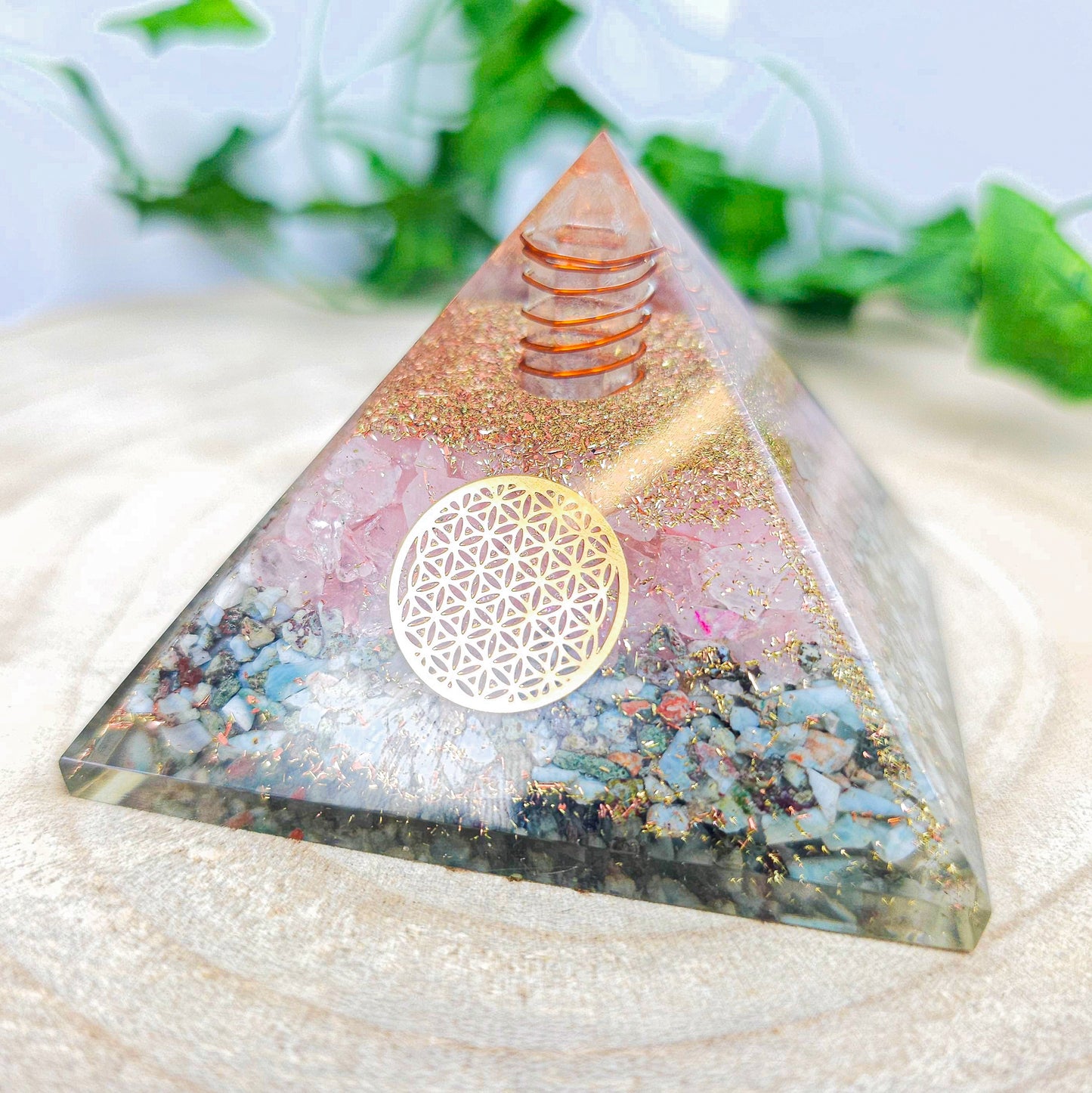 Larimar and Rose Quartz Orgonite Pyramid