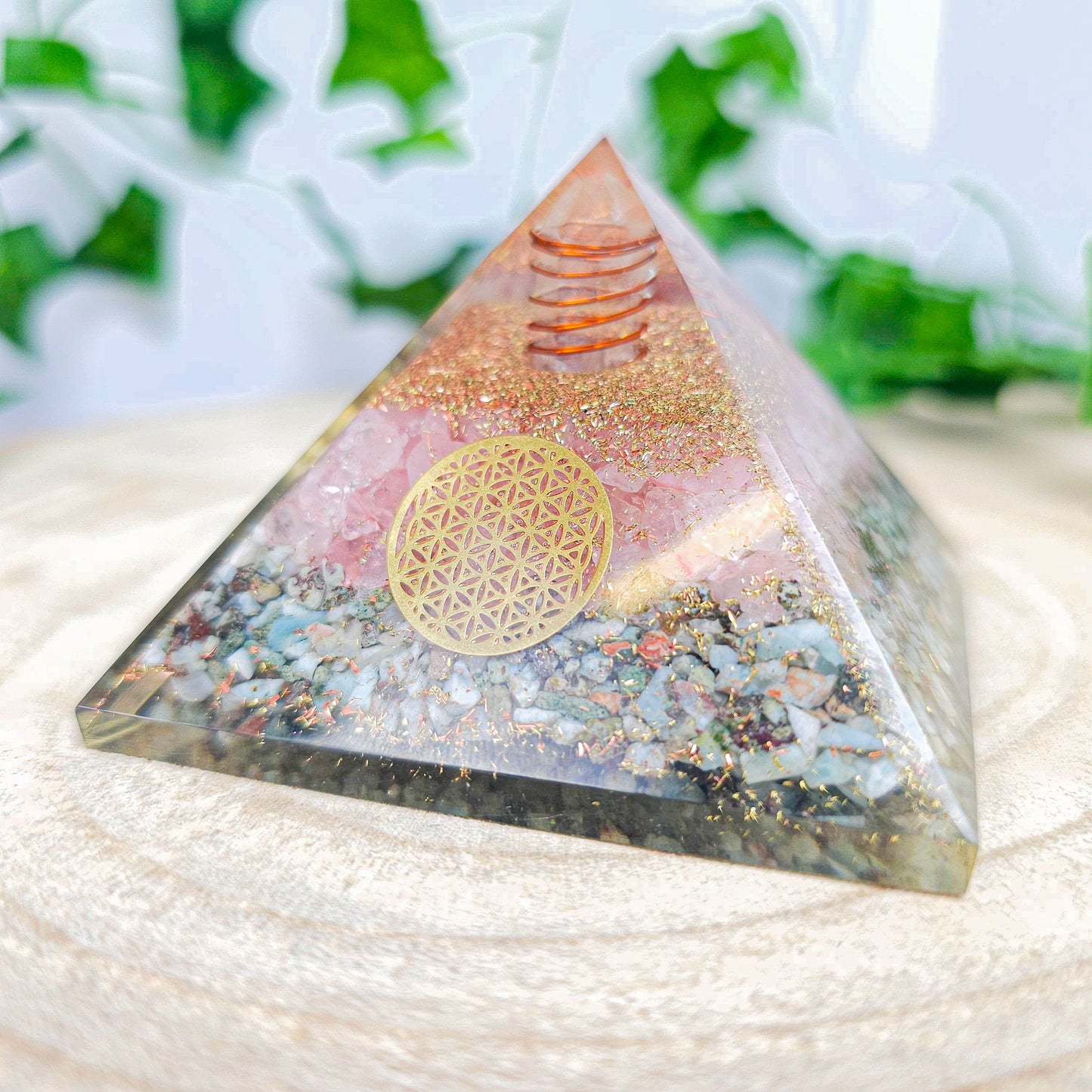 Larimar and Rose Quartz Orgonite Pyramid