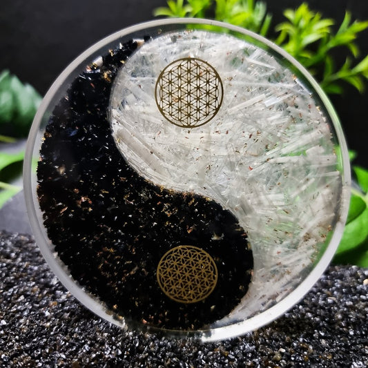 Selenite and Tourmaline Yin Yang Resin Coaster