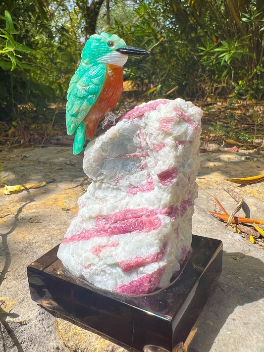 Amazonite & Carnelian Carved Kingfisher on Pink tourmaline in Quartz
