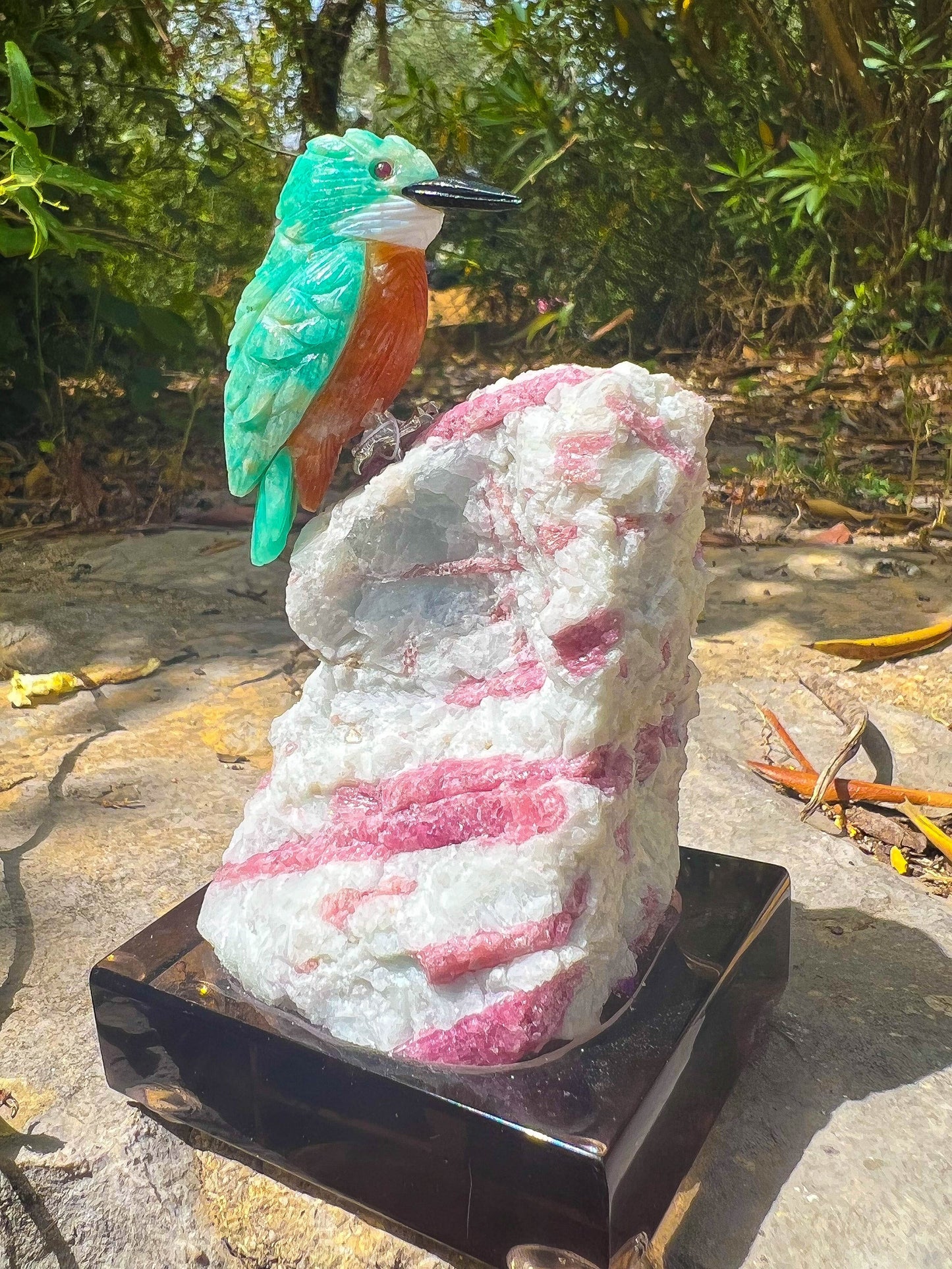 Turquoise & Carnelian Carved Kingfisher on Pink tourmaline in Quartz