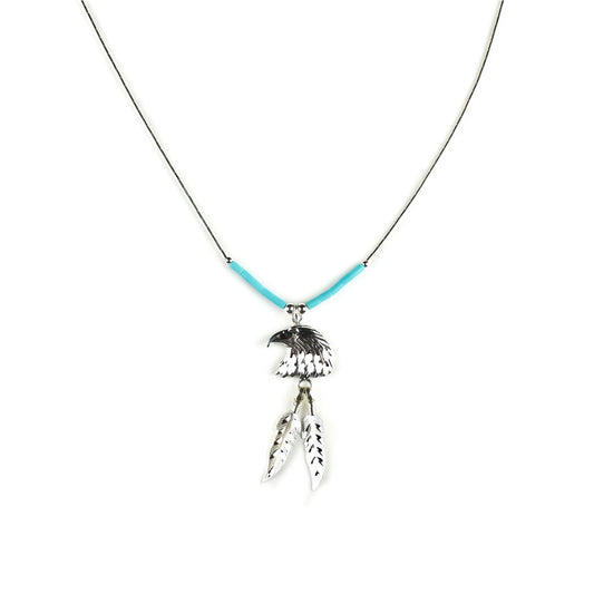 Eagle Necklace With Silver Feathers & Turquoise (Sterling Silver)